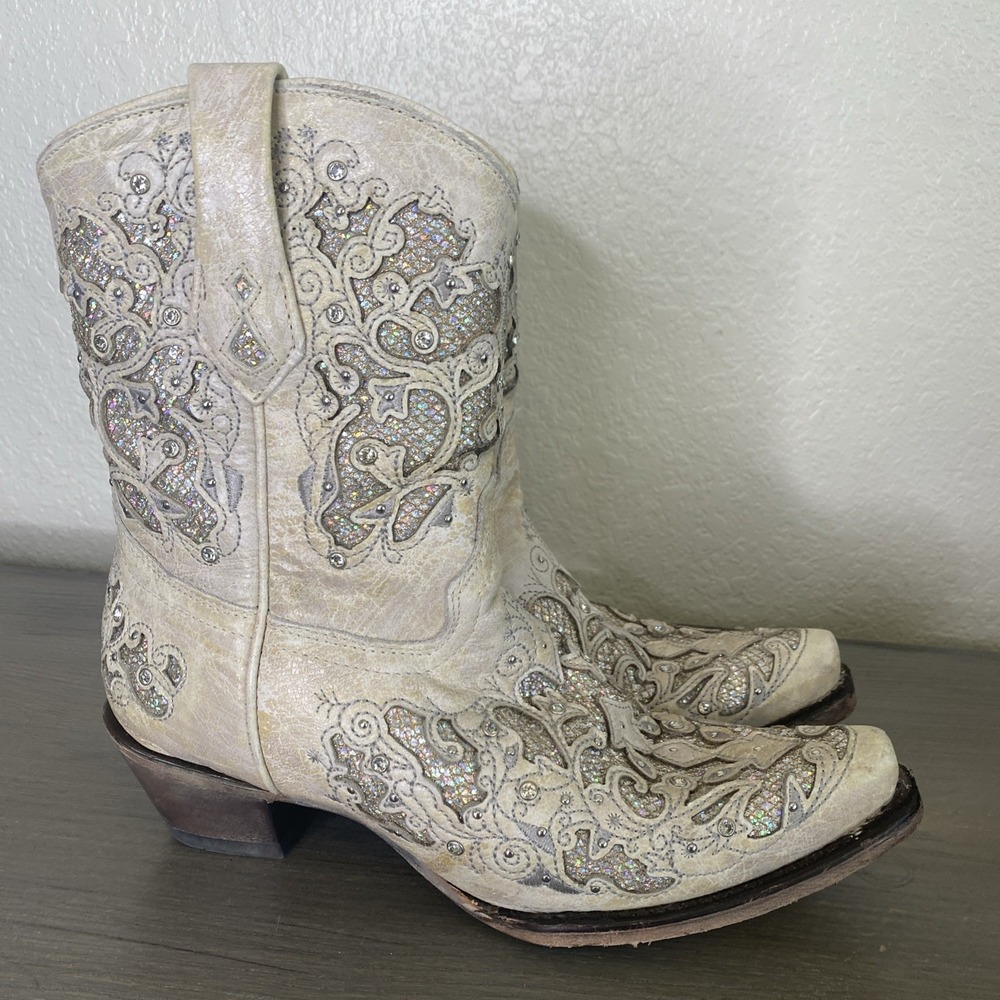 CORRAL White Rhinestone Western Boots‎ Women's Sz 9.5 Wedding Collection Mariah